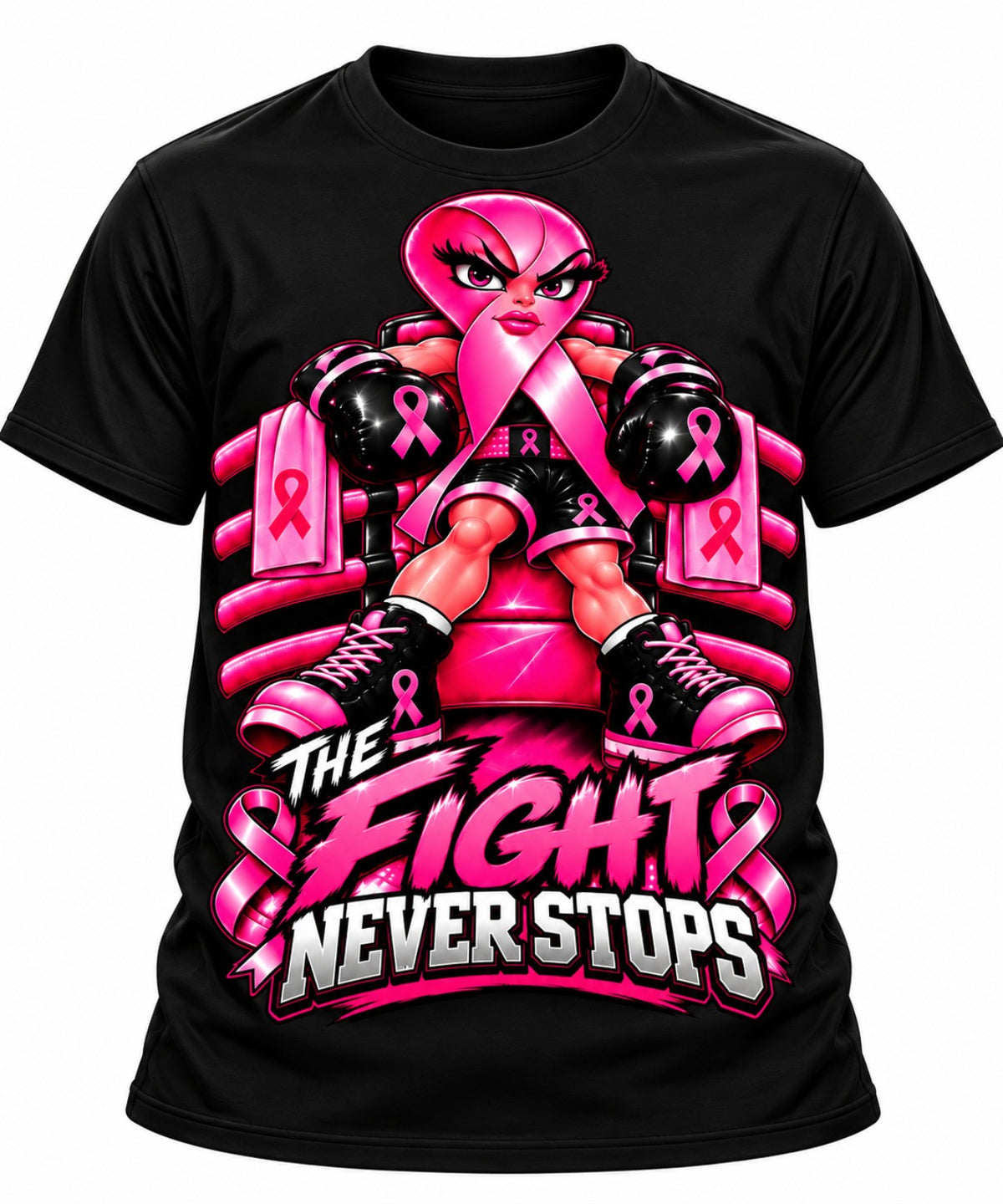White The Fight Never Stops breast cancer awareness T-shirt