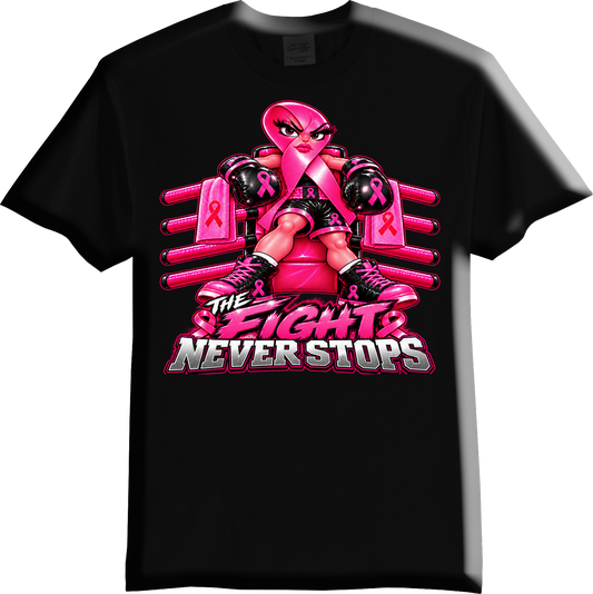 The Fight Never Stops breast cancer awareness black T-shirt